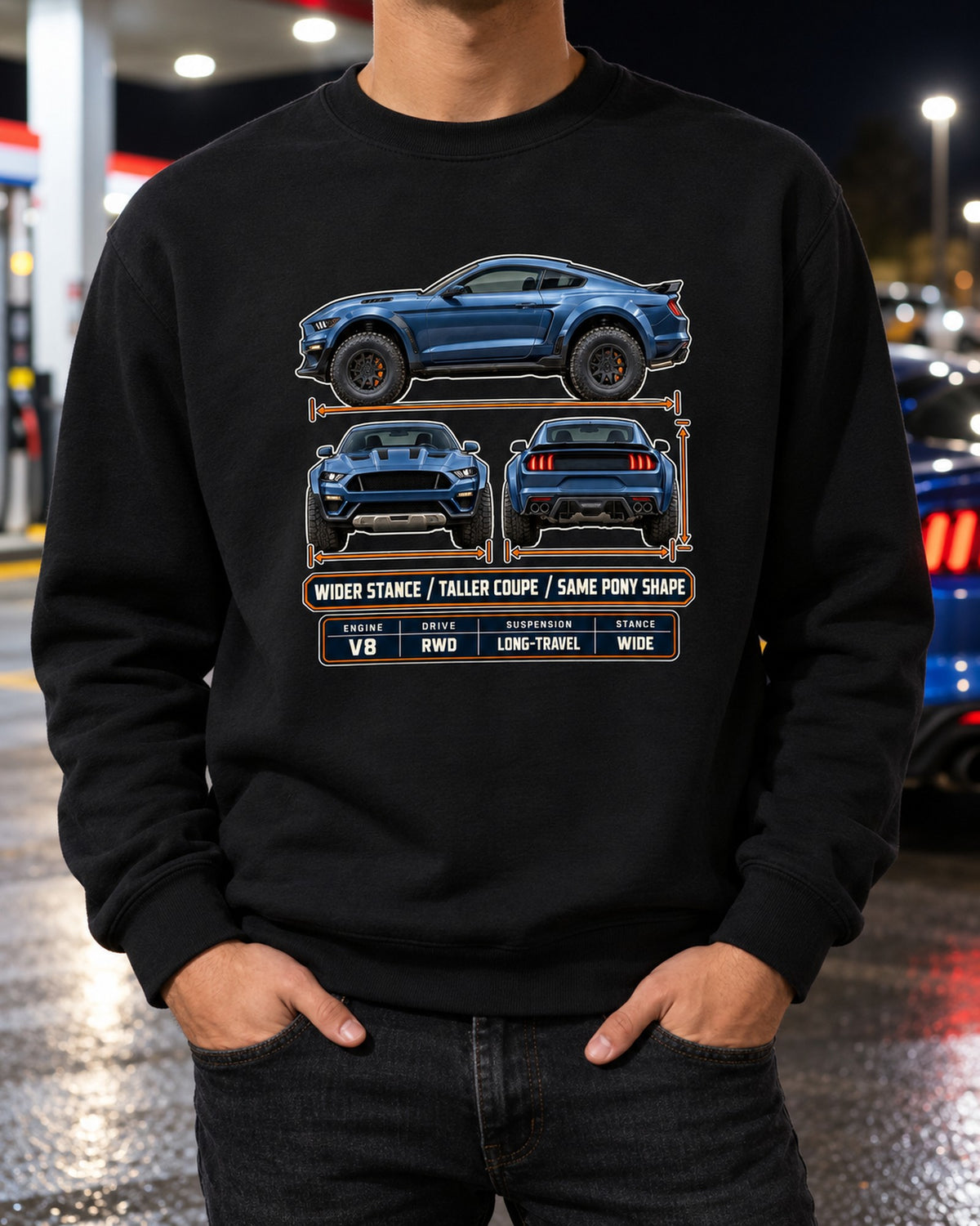 Mustang Raptor Concept Three-View Spec Table Tee, Pony Shape Crewneck Black worn hero