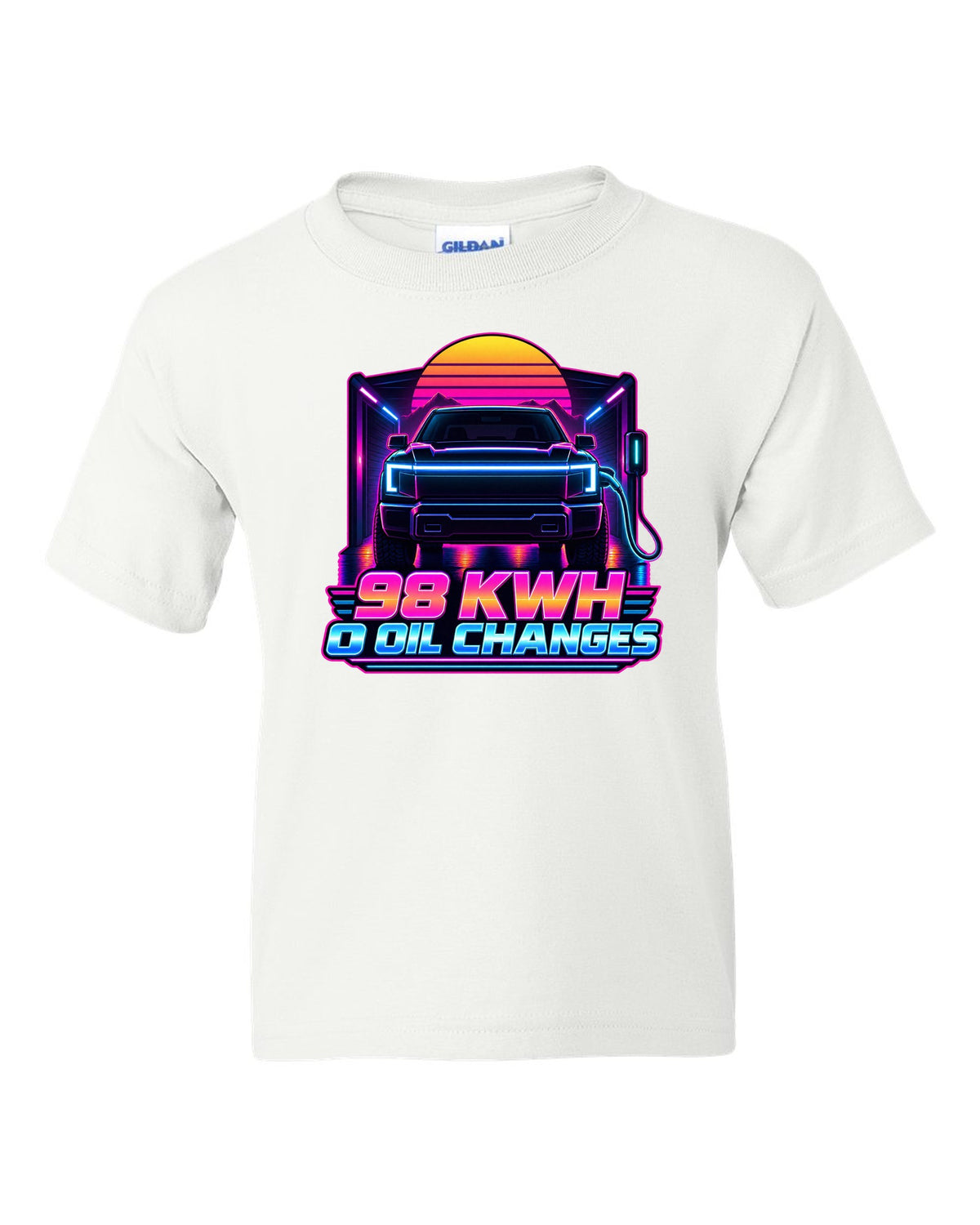 Ford F-150 Lightning EV with lightbar in a neon synthwave outline print white kids tee front view with the design