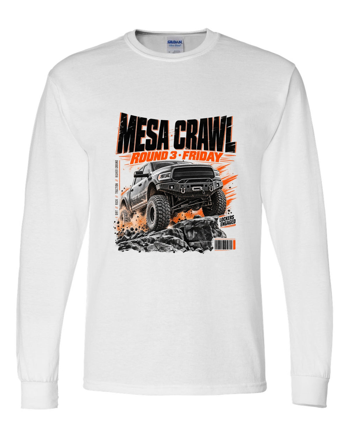 Race poster print of a Ram 2500 Power Wagon at a Mesa Crawl event white long sleeve front view with the design