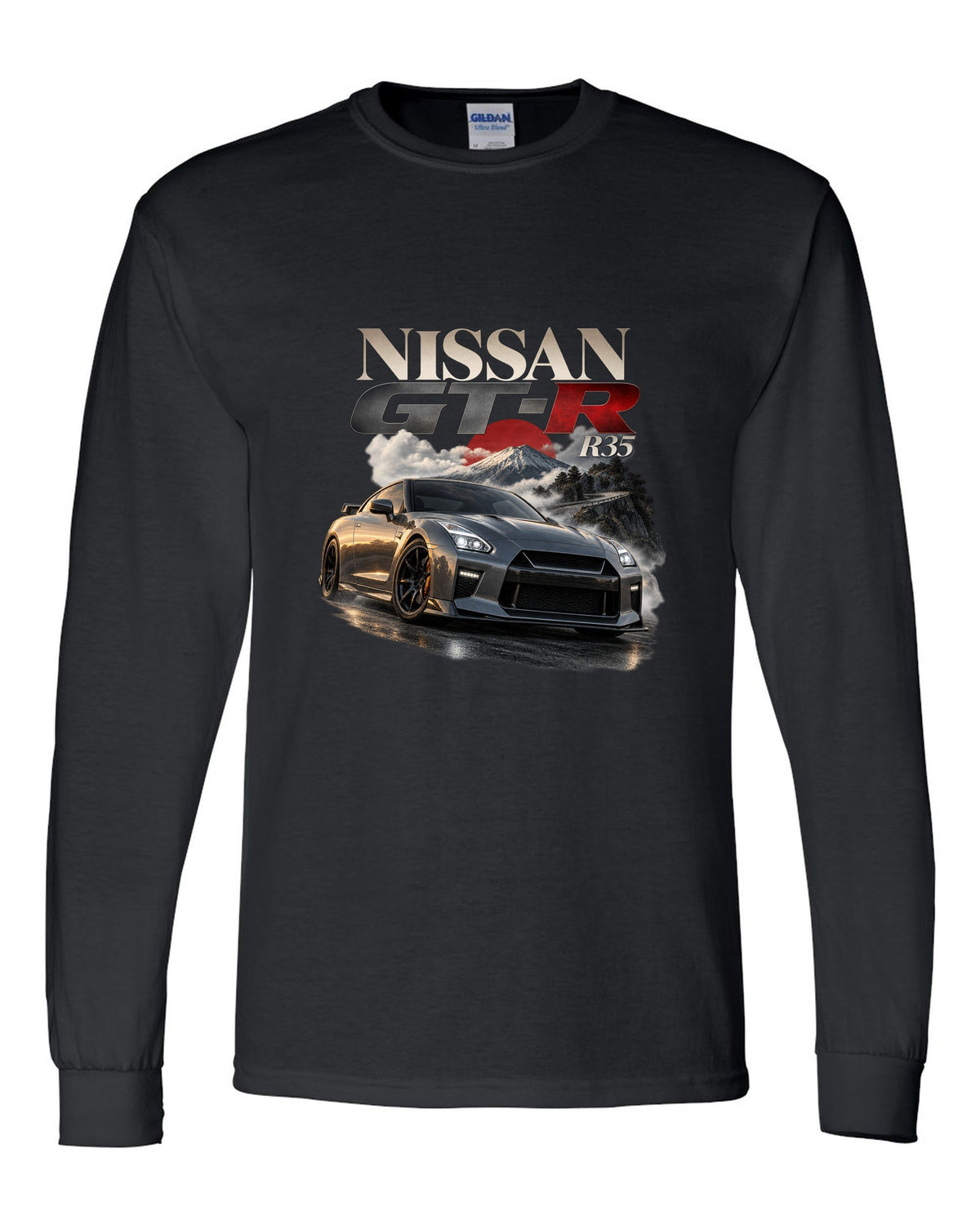 Nissan GT-R R35 2017 facelift in blue on a spec poster layout black long sleeve front view with the design