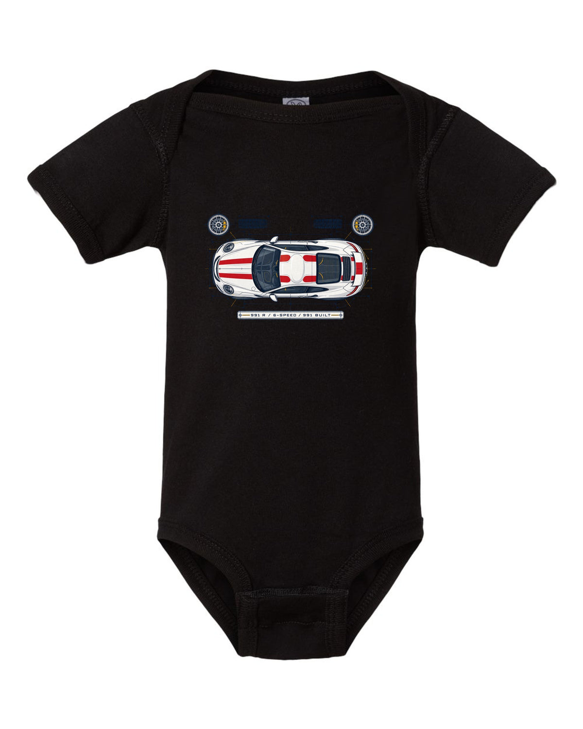 Porsche 993 Carrera five-dial gauge cluster HUD design with no screens text black baby onesie front view with the design