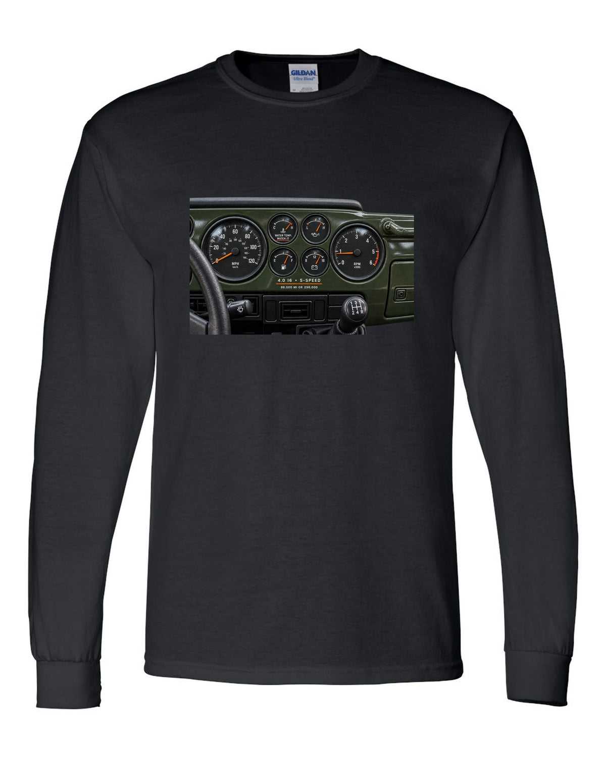 Gauge cluster print for the Jeep Wrangler TJ 4.0 I6, 1997-2006 black long sleeve front view with the design