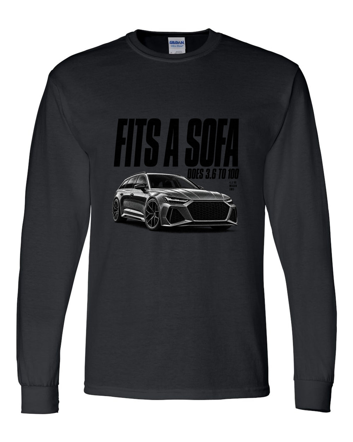 Halftone print of an Audi RS6 Avant C8 front three-quarter with Fits A Sofa caption black long sleeve front view with the design