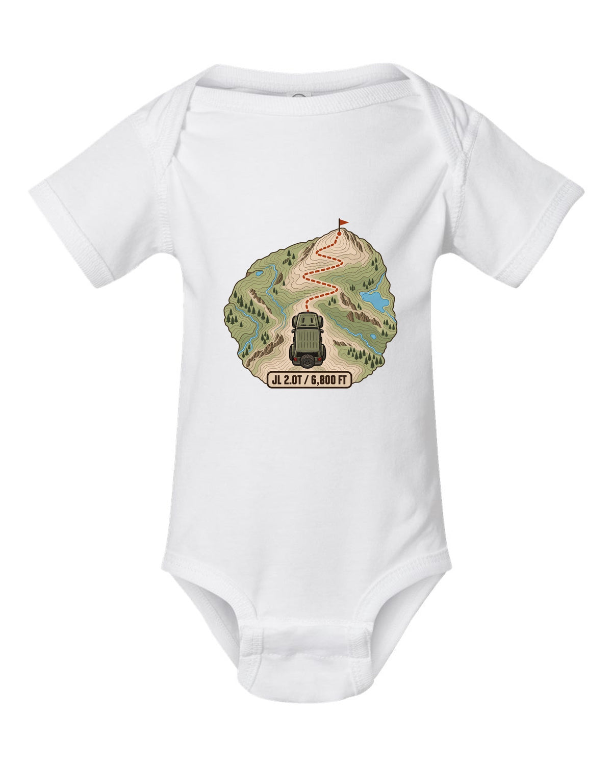 Jeep Wrangler JL 2.0T topographic contour map design with route line and 6,800 ft text white baby onesie front view with the design