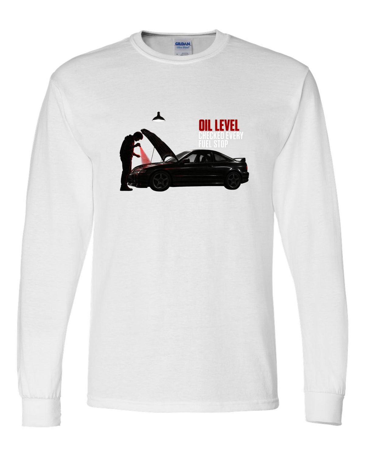 BMW E46 M3 coupe garage night print with oil level checked every fuel stop text white long sleeve front view with the design