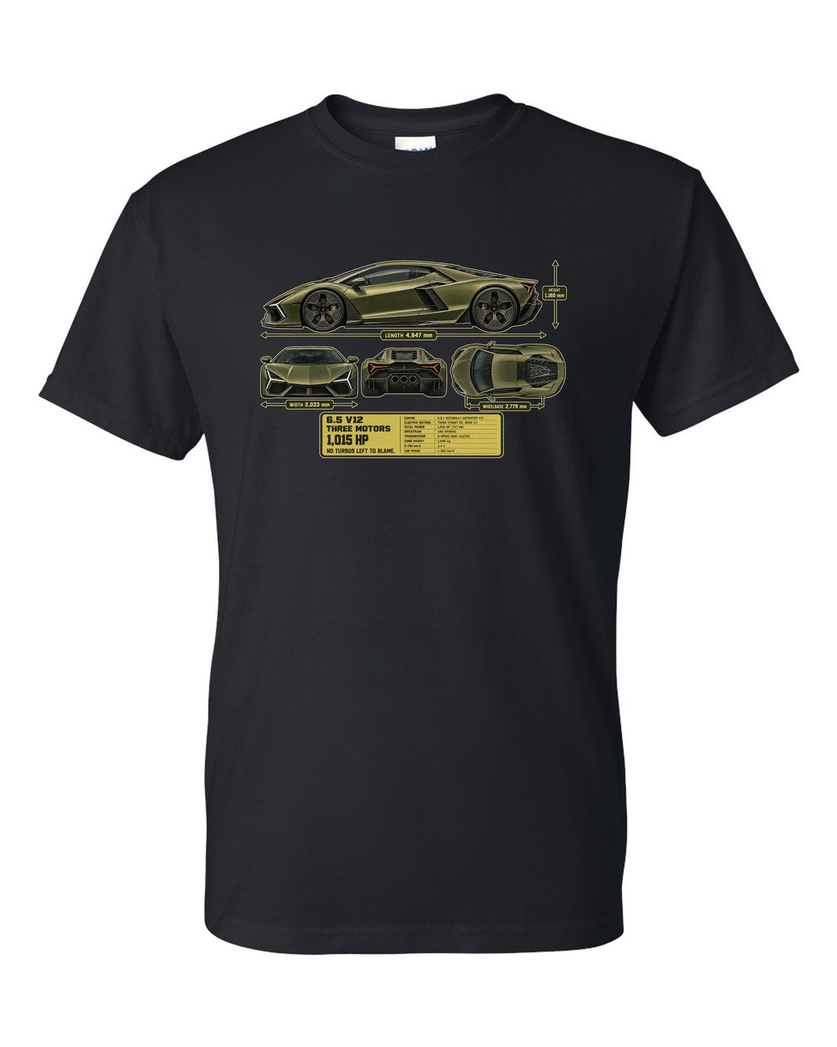 print dimension blueprint of a Lamborghini Revuelto in olive-grey black t-shirt front view with the design