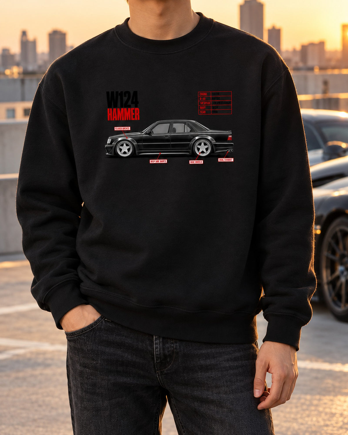 Mercedes W124 Hammer 5.6 V8 Spec Poster Shirt, 1988 Crewneck Black worn hero