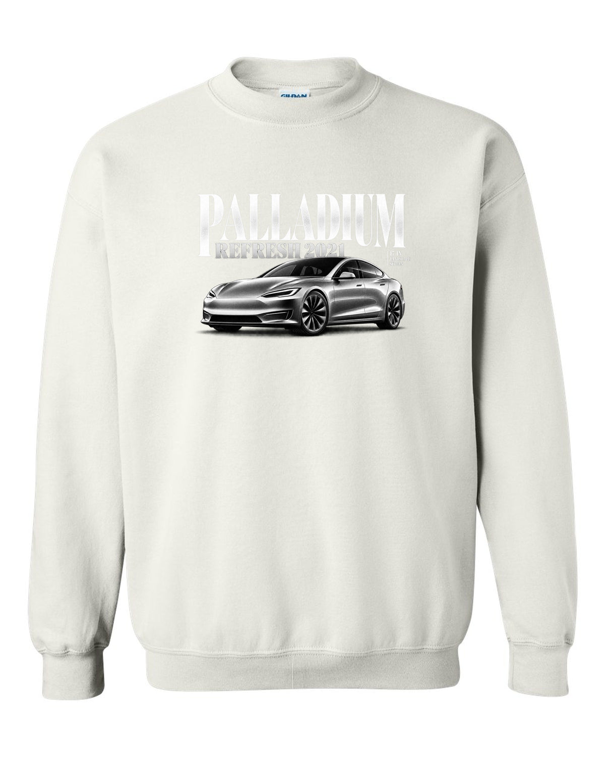 Editorial headline print of a Tesla Model S Palladium 2021 front three-quarter view white crewneck front view with the design