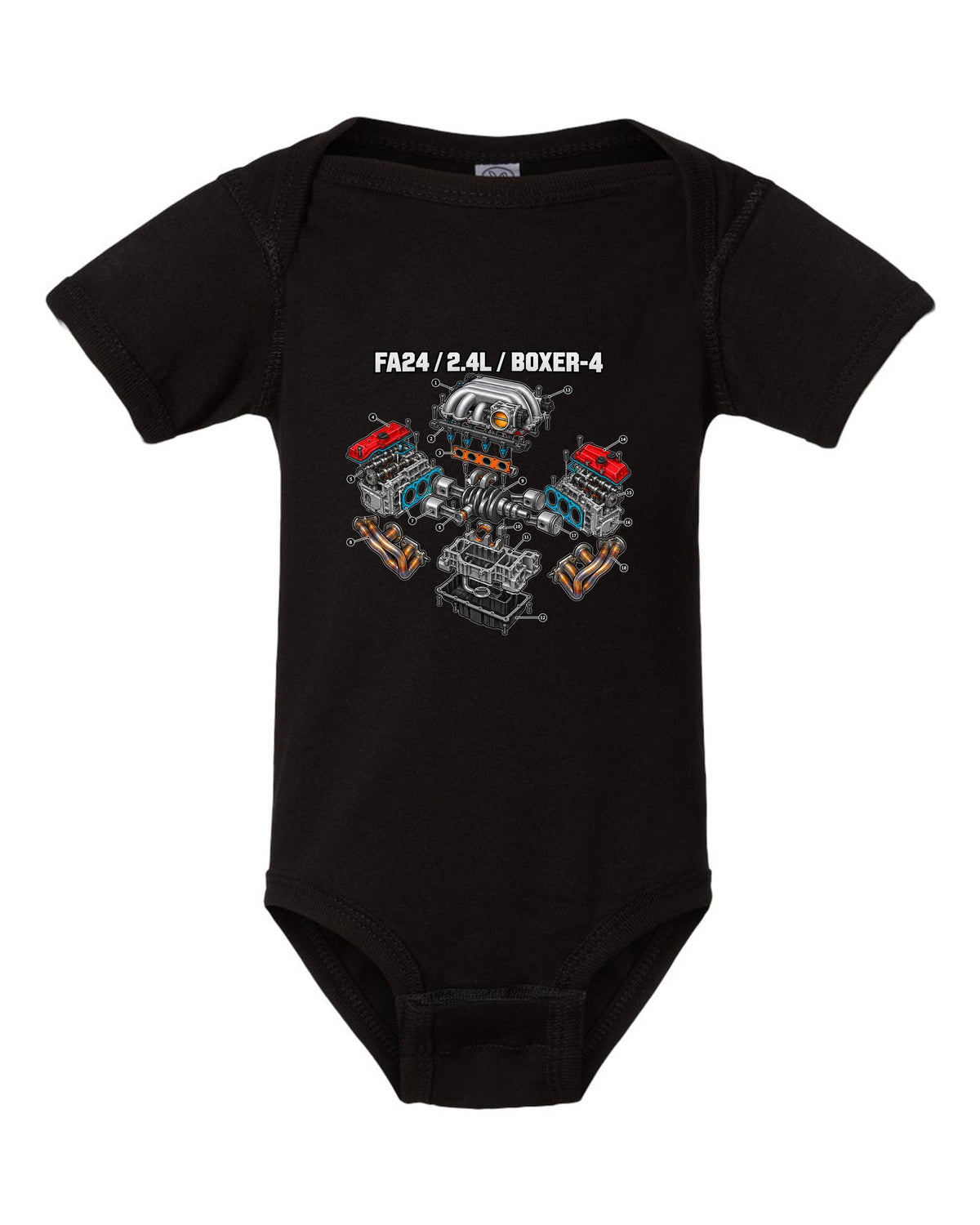 Cutaway exploded diagram of the FA24 2.4L boxer-four engine for a Toyota GR86 ZN8 black baby onesie front view with the design