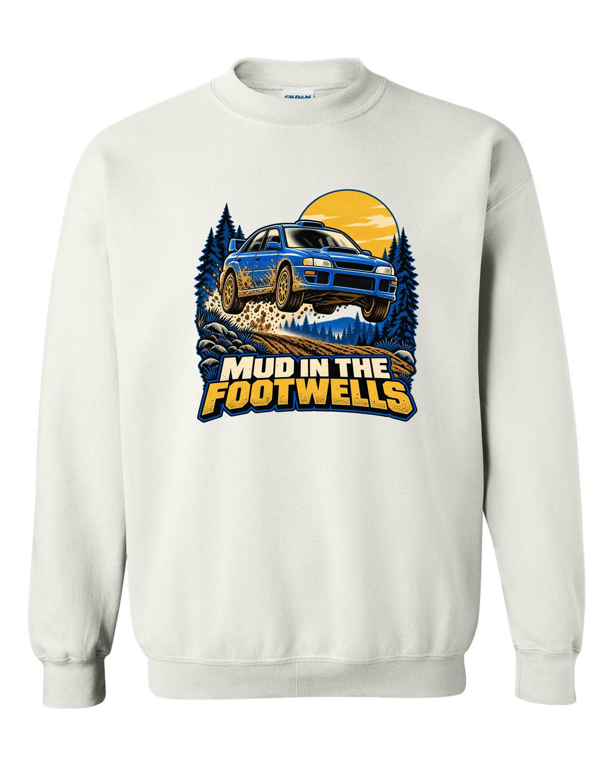 Comic halftone pop-art of a Subaru WRX STI GRB chback doing a burnout white crewneck front view with the design