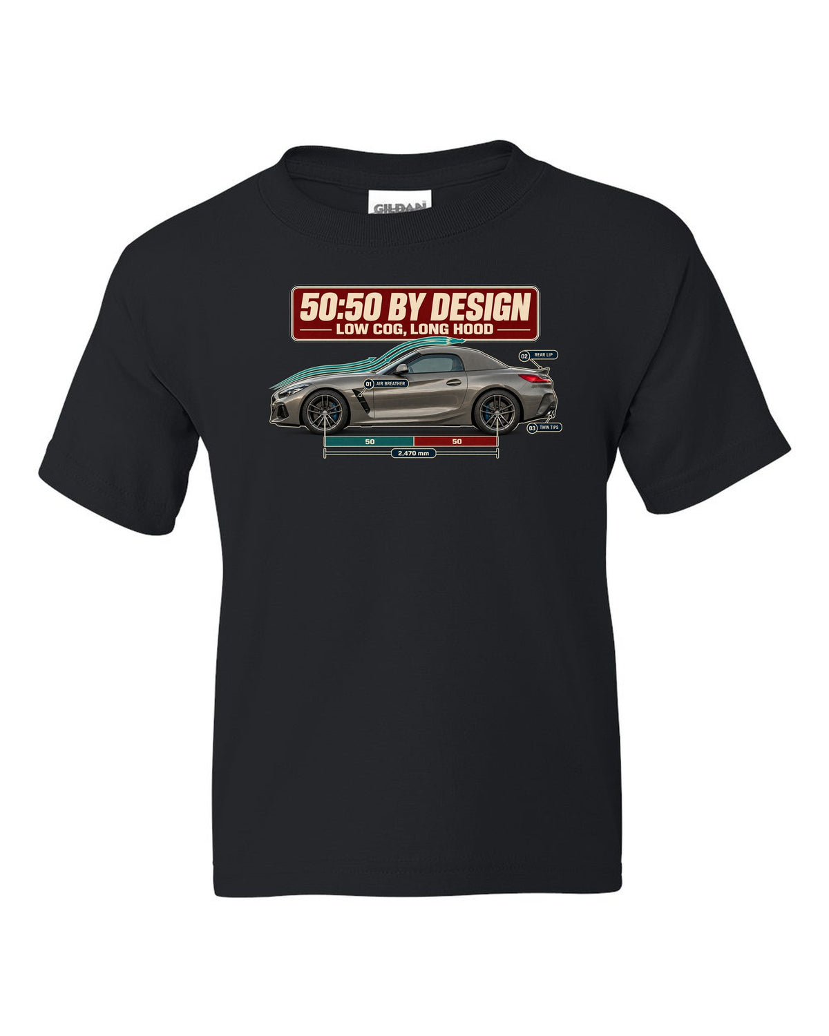 Aero cutaway callout print of the BMW Z4 G29 with 50:50 and long hood notes black kids tee front view with the design