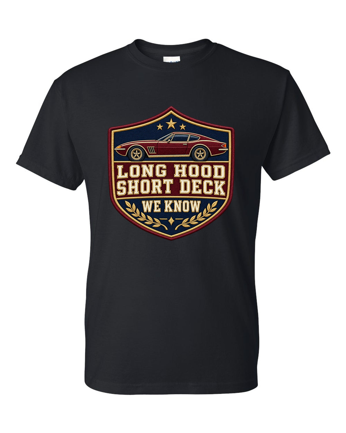 Embroidery varsity crest print for a Hyundai Genesis Coupe BK2 with long hood short deck text black t-shirt front view with the design