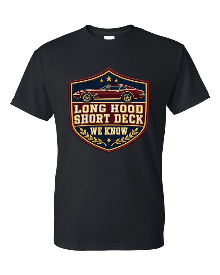 Embroidery varsity crest print for a Hyundai Genesis Coupe BK2 with long hood short deck text black t-shirt front view with the design