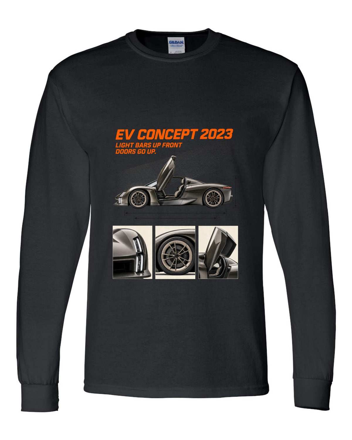 Porsche Mission X electric concept dossier panels print design black long sleeve front view with the design