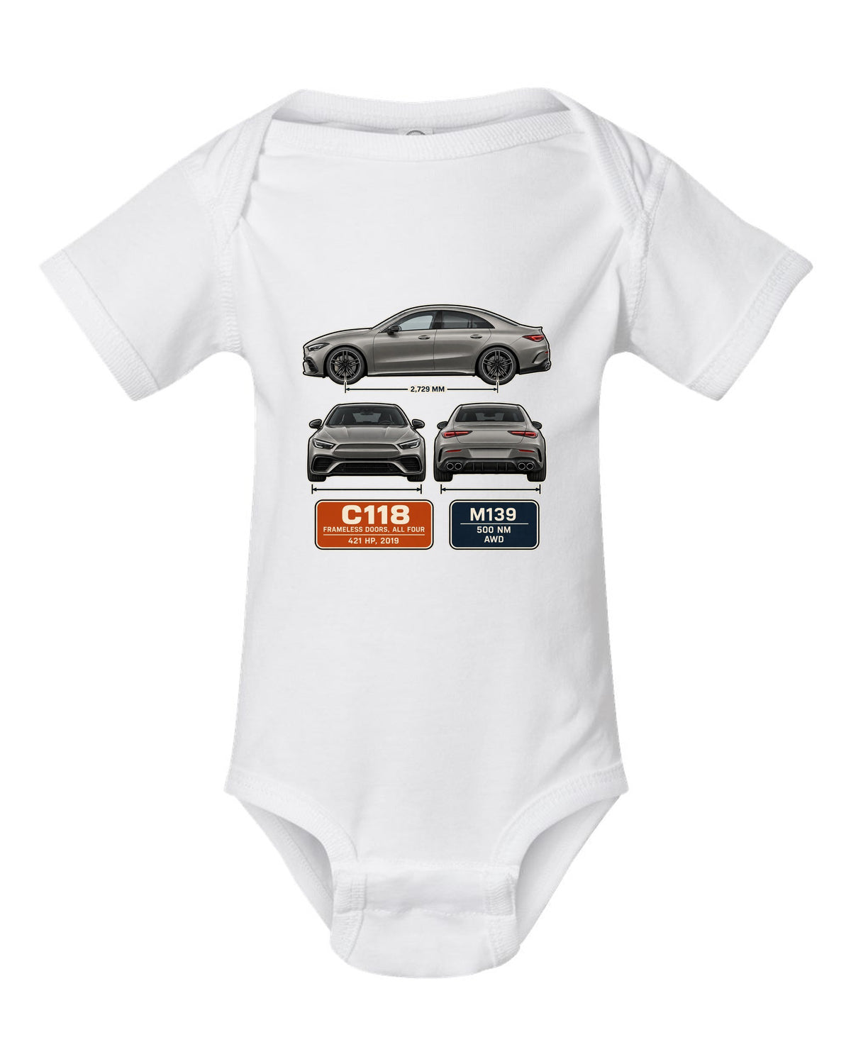 Mercedes-AMG CLA 45 S C118 four-door coupe three-view spec print white baby onesie front view with the design