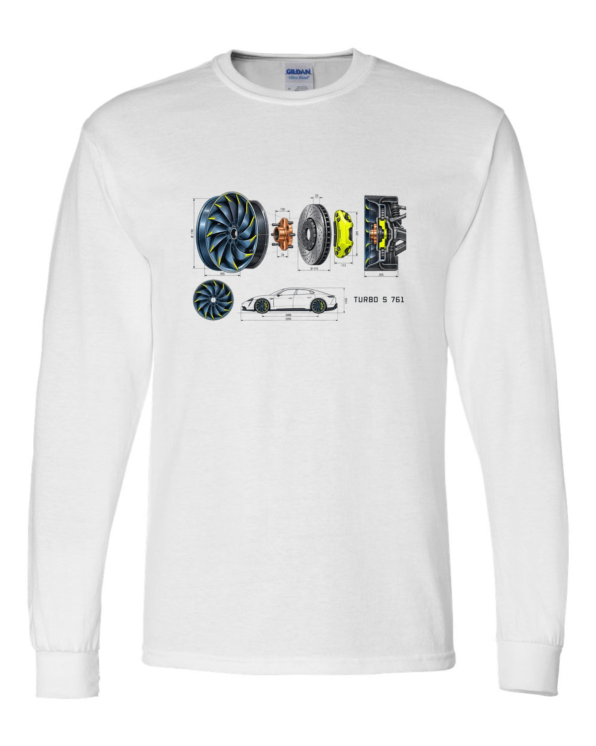 Porsche Taycan Turbo S 9J1 turbine wheel engineering schematic print with the text Turbo S 761 white long sleeve front view with the design