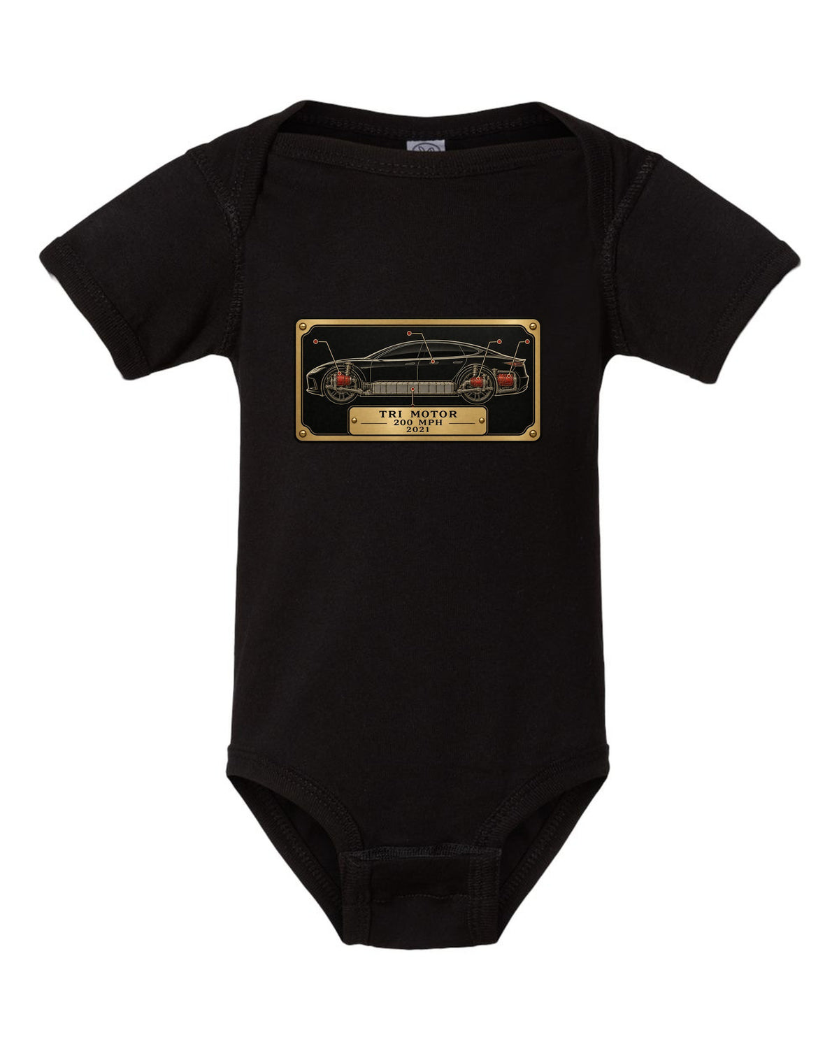 Spec-sheet data plate layout for a 2021 Tesla Model S Plaid with the words Tri Motor 200 MPH 2021 black baby onesie front view with the design