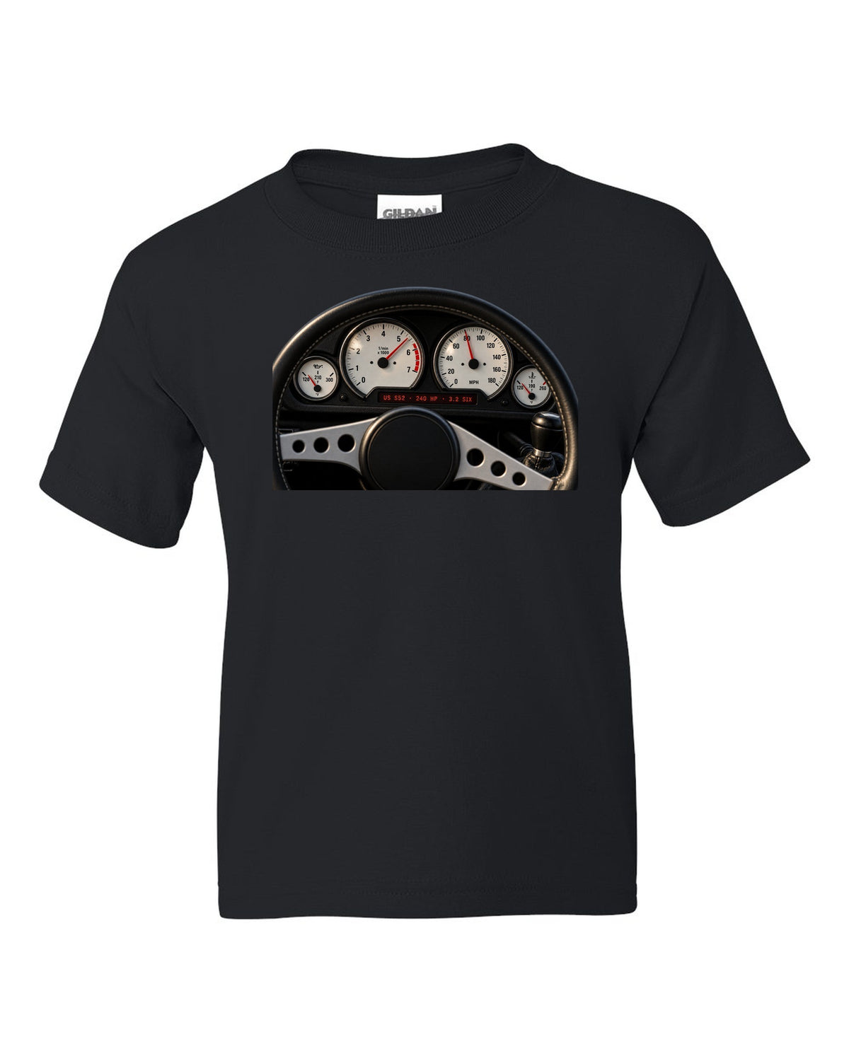 BMW E36 M3 coupe US S52 cockpit gauge print with 240 HP and 3.2 six text black kids tee front view with the design