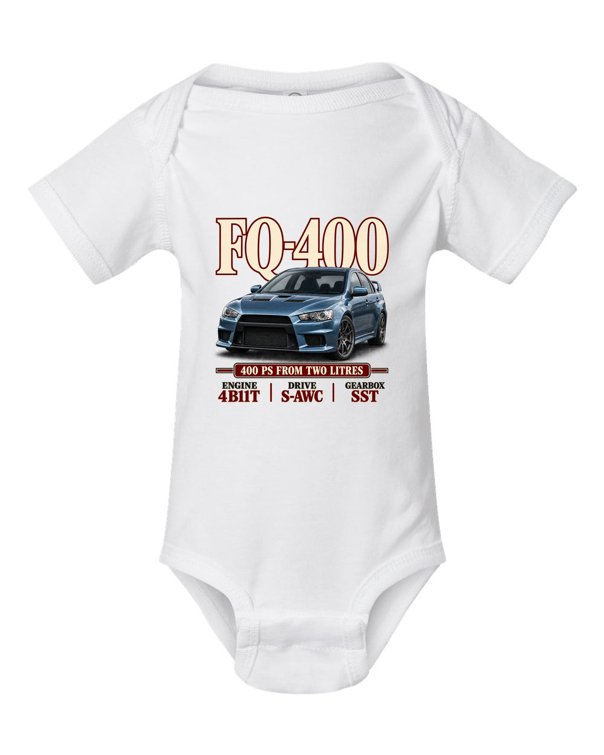 Mitsubishi Lancer Evolution X FQ-400 low front three-quarter archive panel print white baby onesie front view with the design