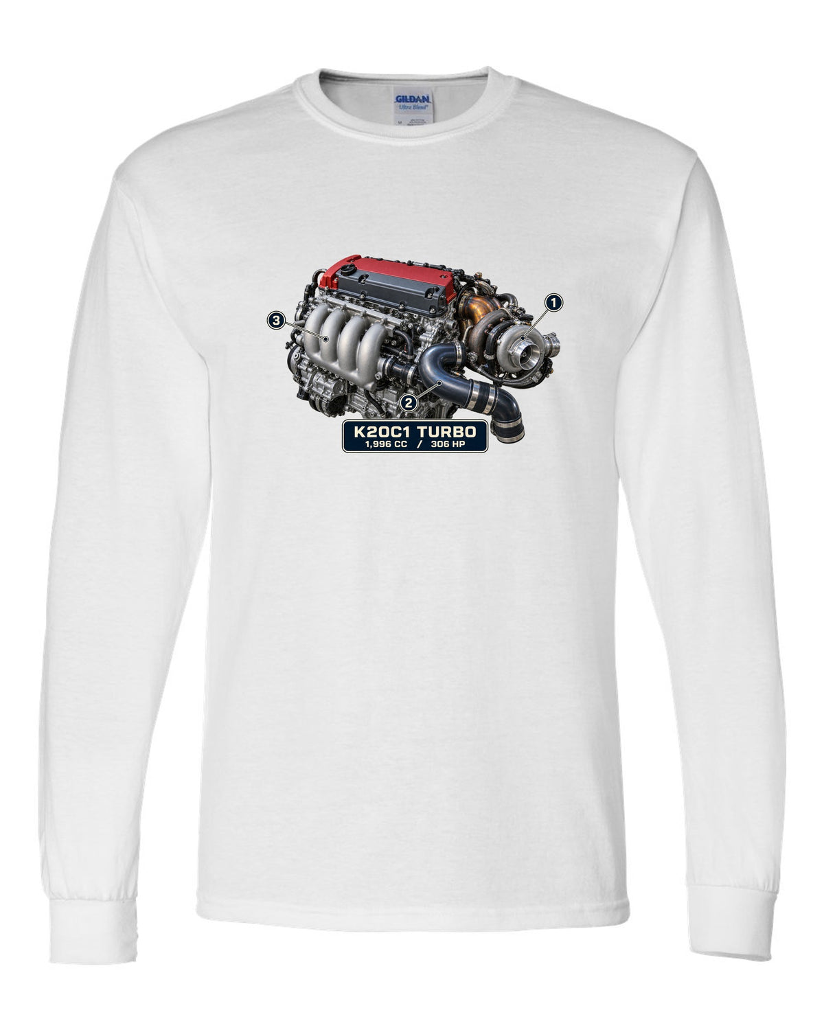 print engine illustration of the Honda Civic Type R FK8 K20C1 turbo engine white long sleeve front view with the design