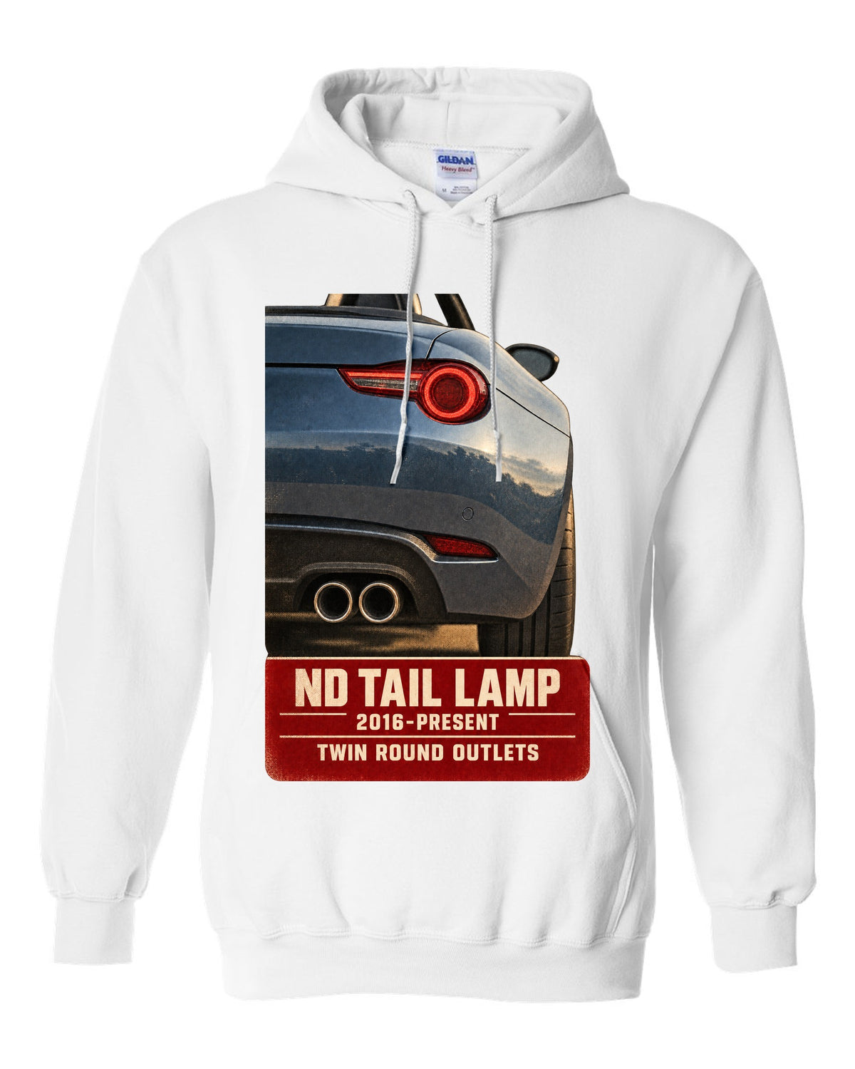 Macro poster-style print of the tail lamp and twin round exhaust outlets on a Mazda MX-5 ND white pull over hoodie front view with the design