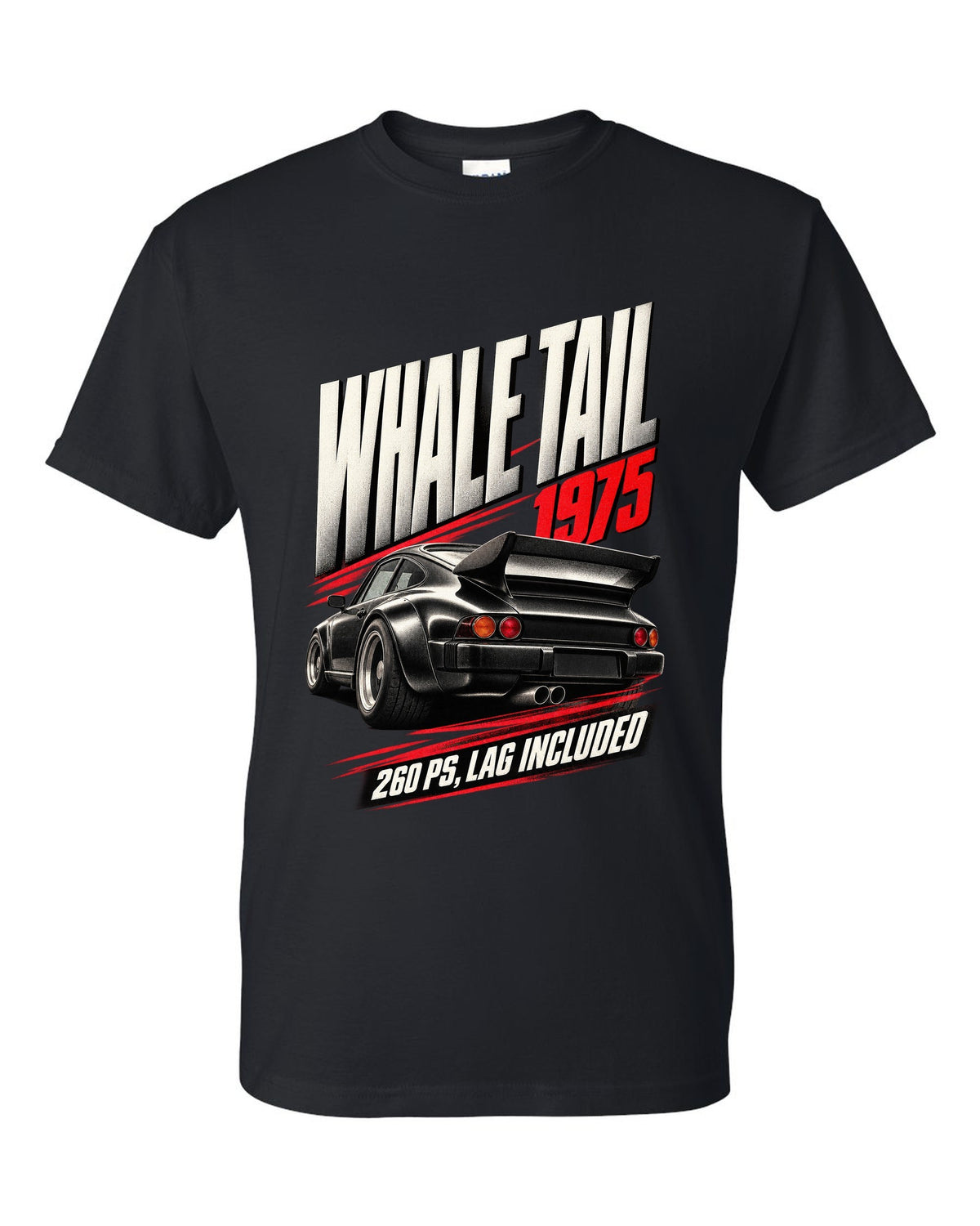 Race poster print of the 1975 Porsche 911 Turbo 3.0 (930) with whale tail and 260 PS text black t-shirt front view with the design