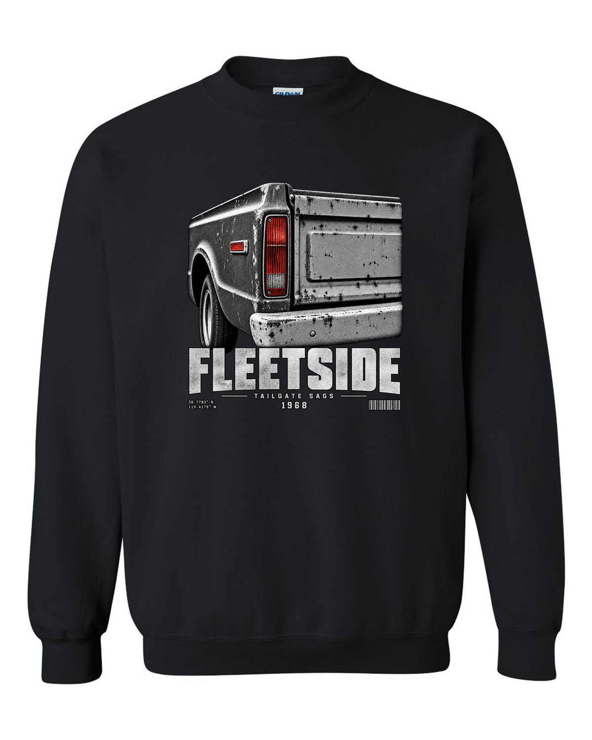 Close-up of a 1968 Chevy C10 Fleetside taillight and tailgate, print black crewneck front view with the design