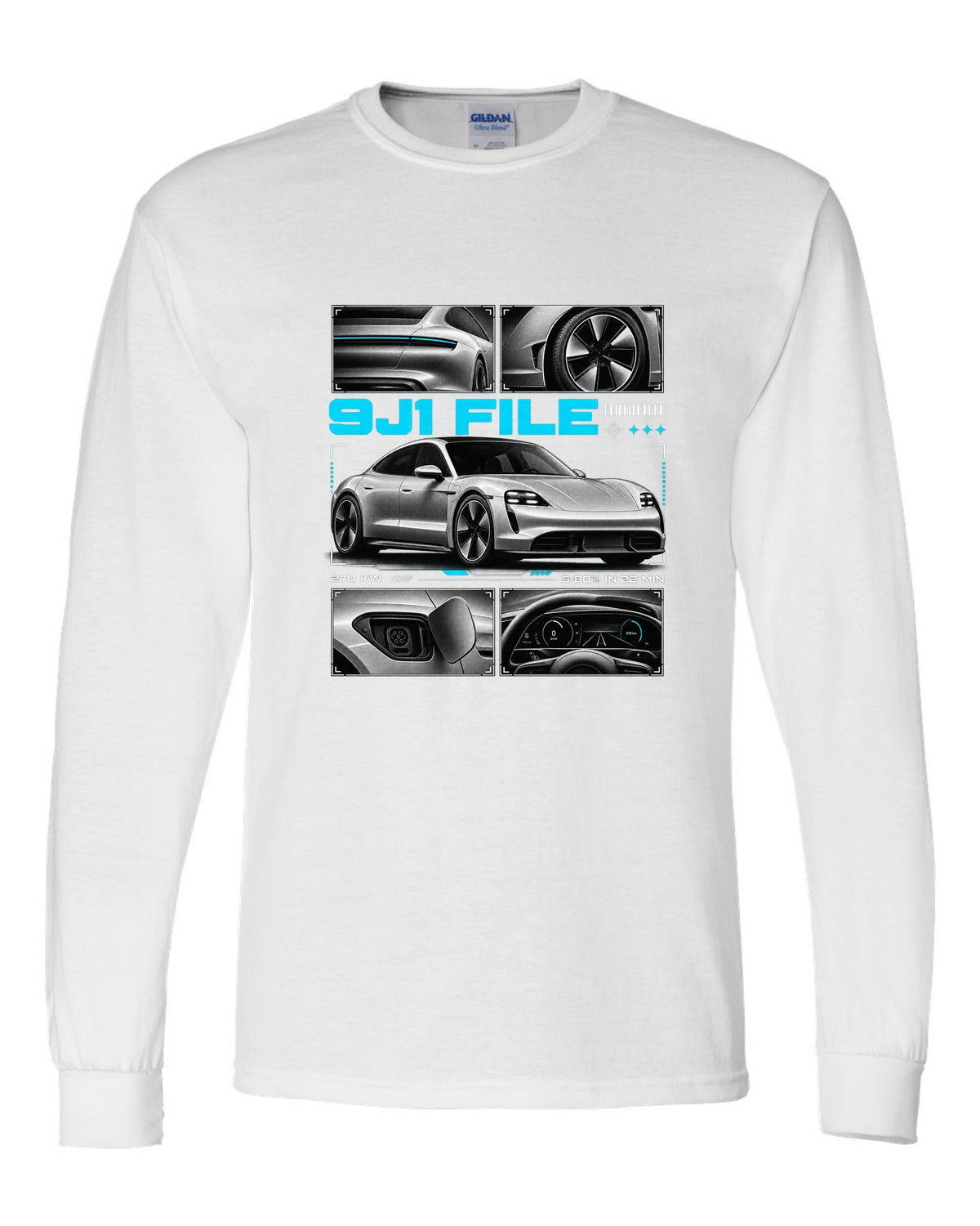 Porsche Taycan Turbo S 9J1 dossier panel design with charging figures white long sleeve front view with the design