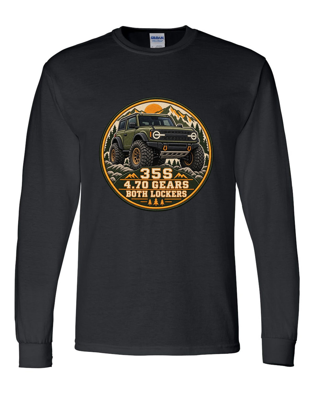 Round seal print for a 2021 Ford Bronco 6G Sasquatch package with 35s and lockers text black long sleeve front view with the design