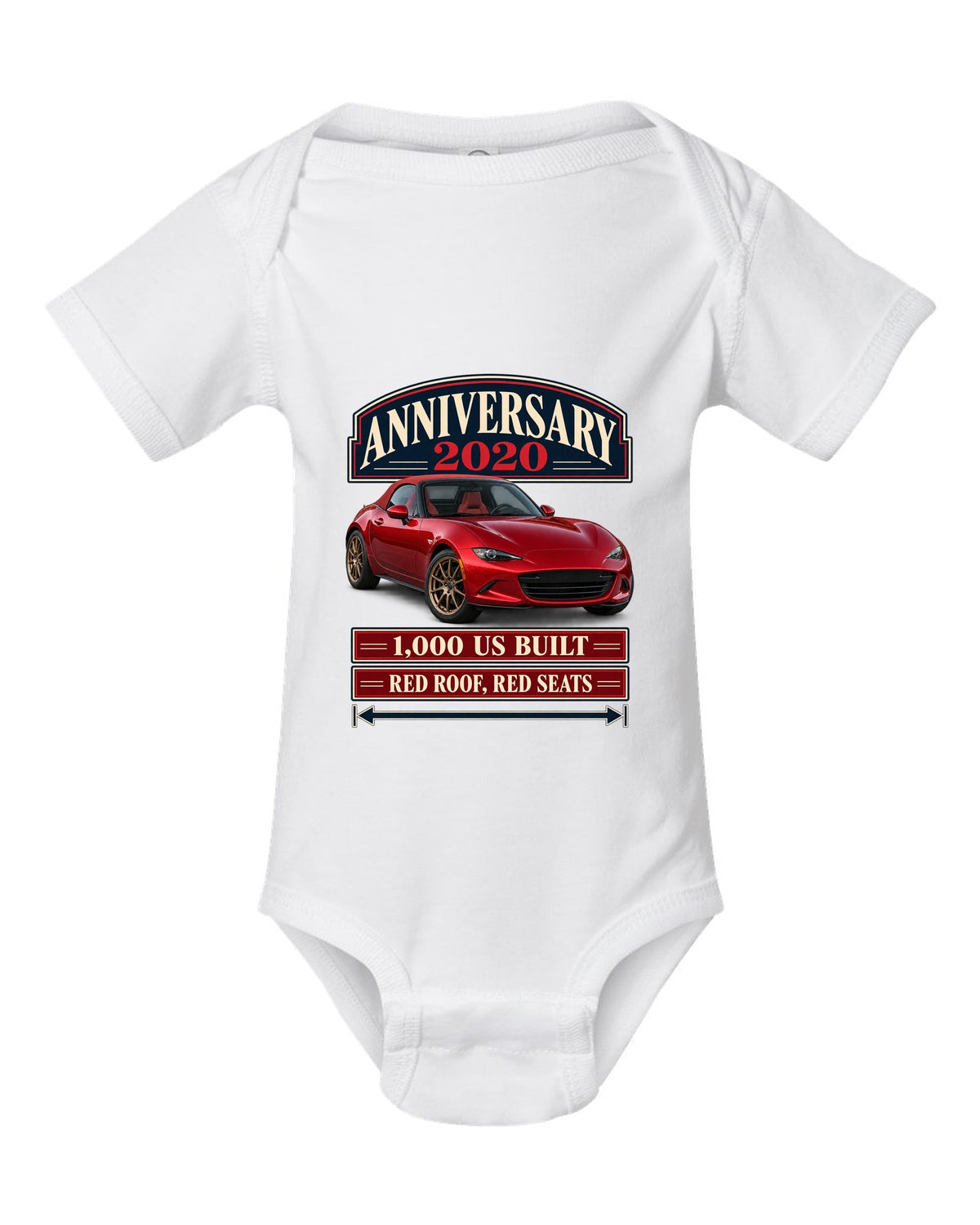 Archive panel layout of a 2020 Mazda MX-5 ND 100th Anniversary Edition with red roof and seats white baby onesie front view with the design