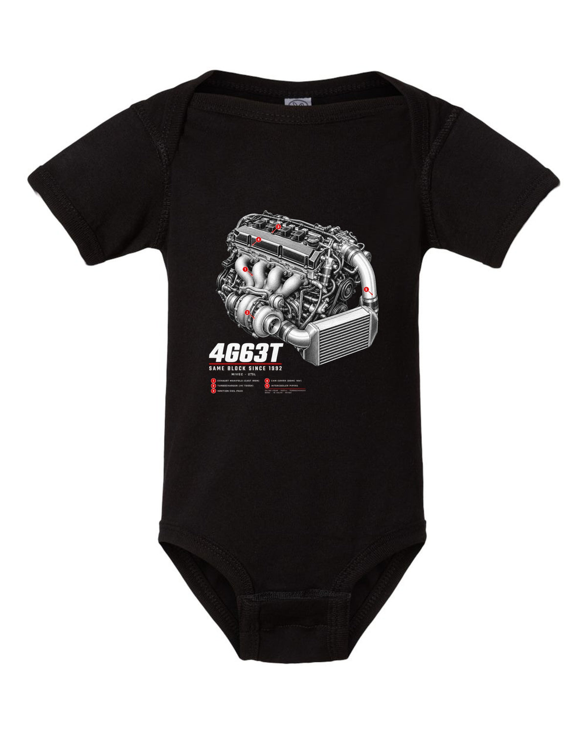 Engine hero print for the Mitsubishi Lancer Evolution IX MR CT9A reading 4G63T, MIVEC, 2.0L, same block since 1992 black baby onesie front view with the design