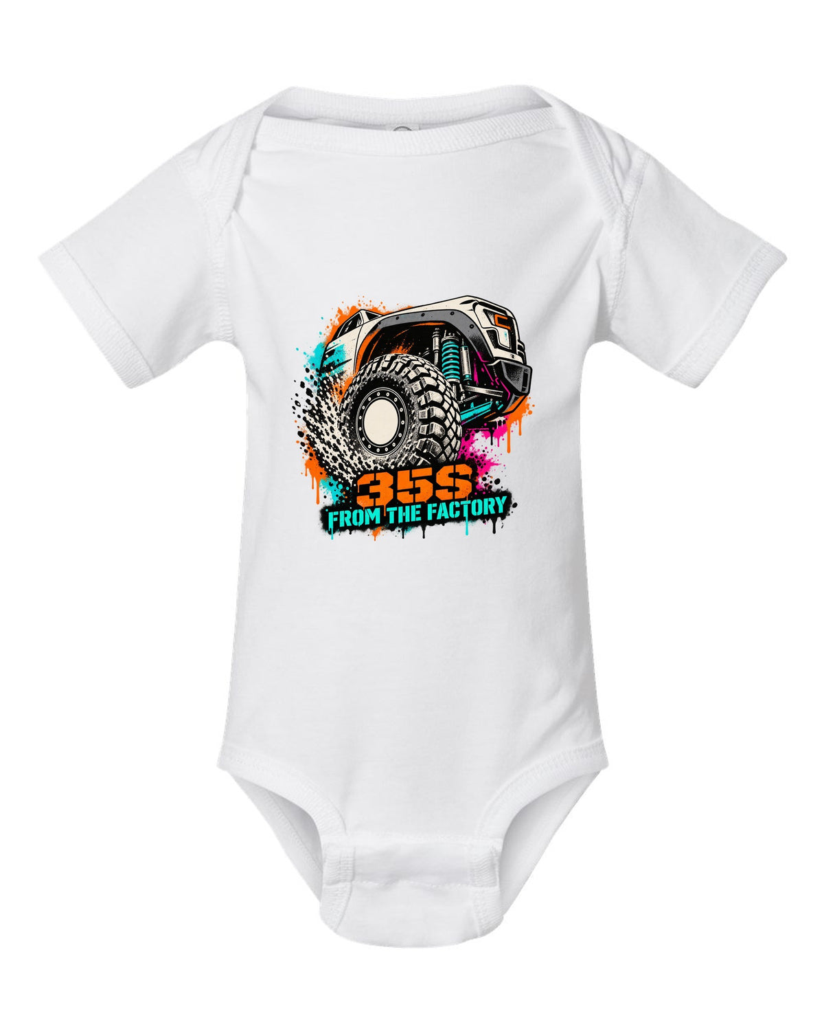 Stencil spray street art print of a Ram 1500 TRX wheel with 35S lettering white baby onesie front view with the design