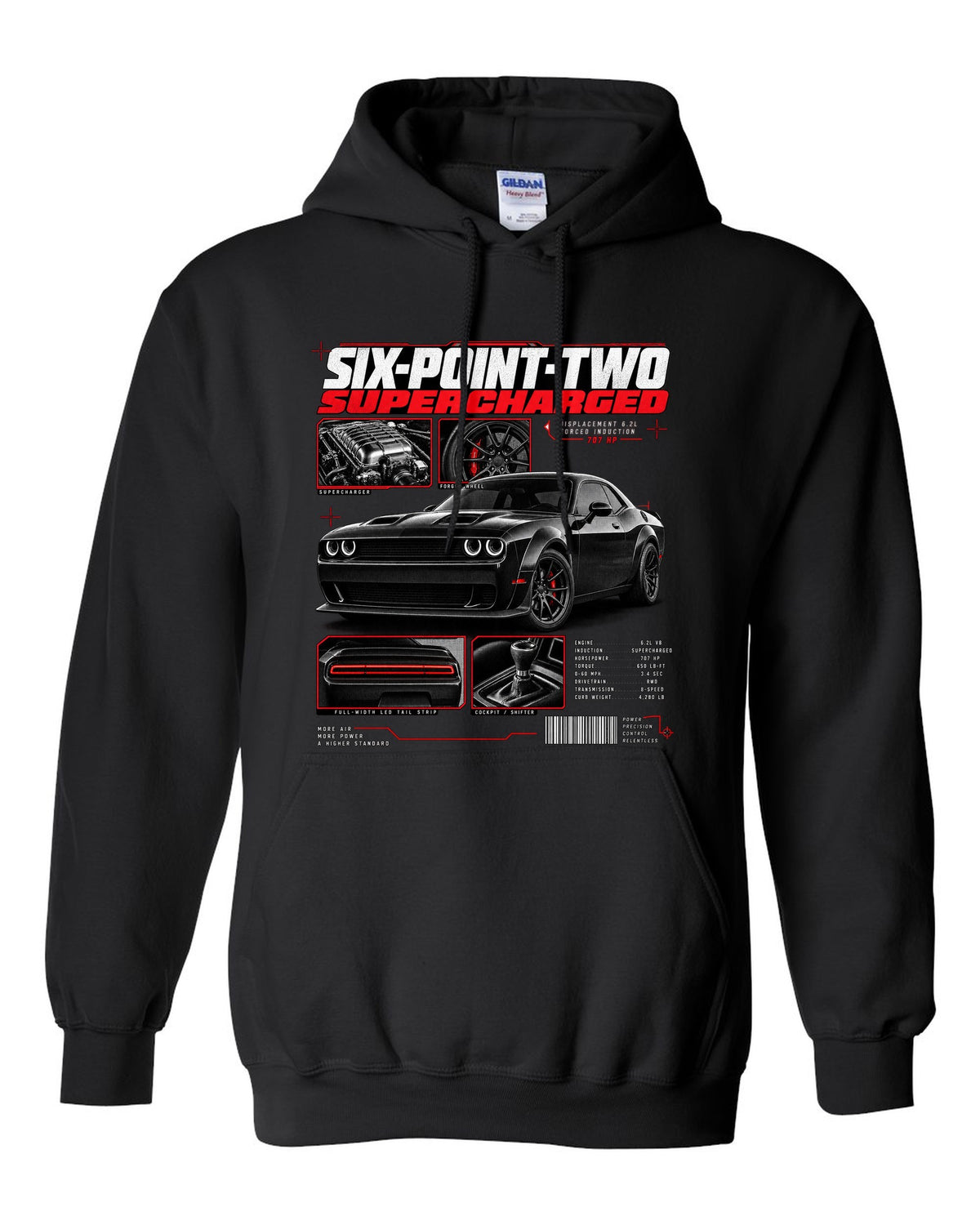 Dossier panel print of a 2018 Dodge Challenger LC/LA with 6.2 supercharged and 707 HP text black pull over hoodie front view with the design