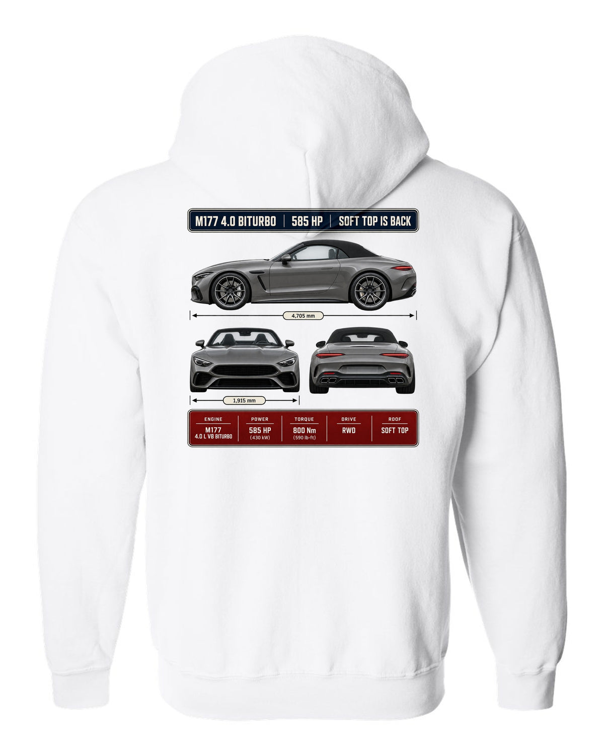 Mercedes-AMG SL63 R232 Three-View Spec white zip hoodie back view with the design