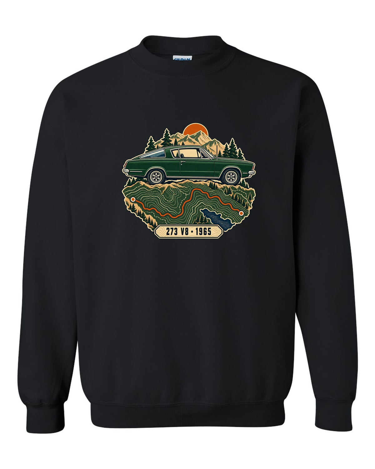 Topographic route map design with a 1965 Plymouth Barracuda fastback and 273 V8 lettering black crewneck front view with the design