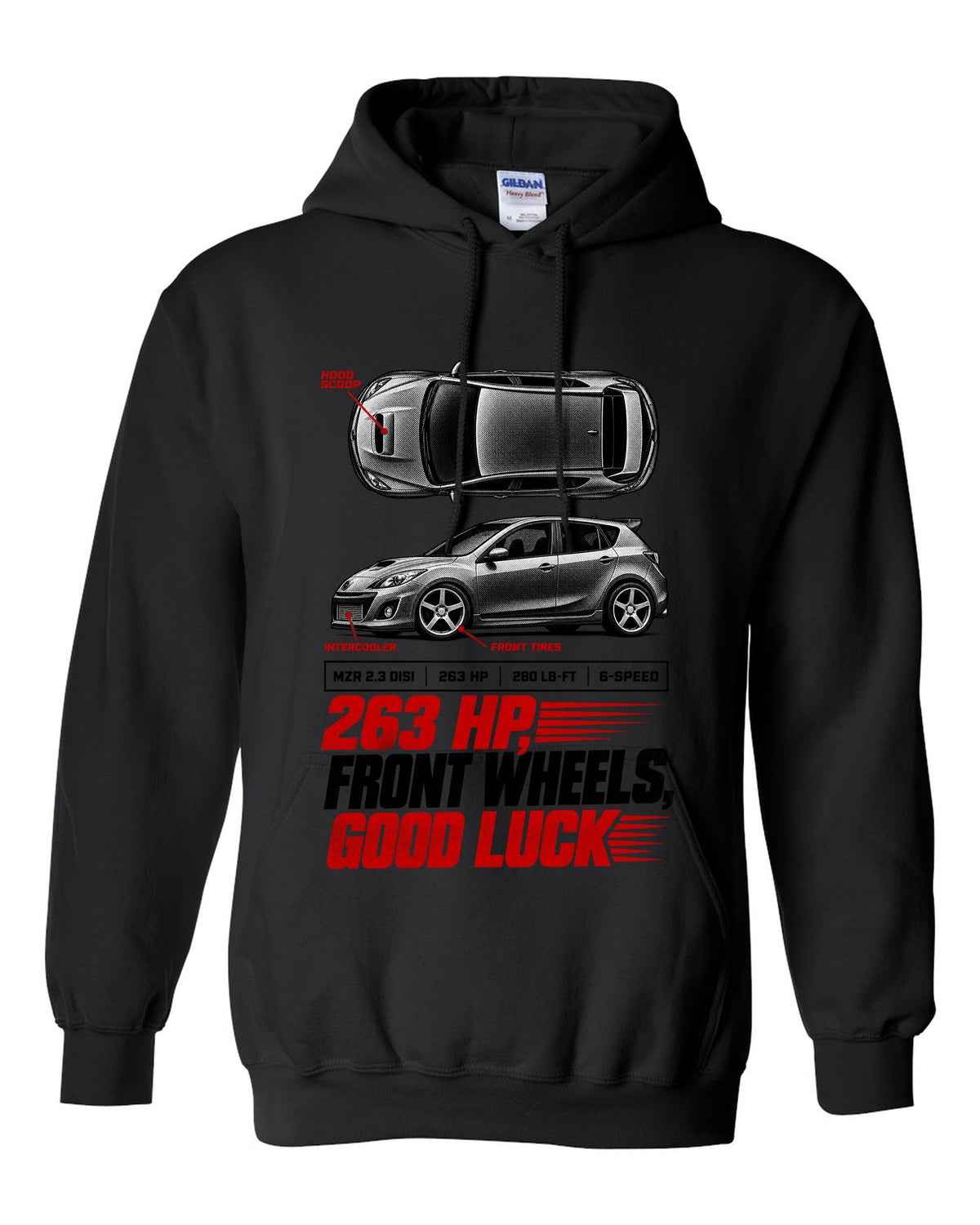 Top-down and profile views of a Mazdaspeed3 BK with 263 HP spec poster text black pull over hoodie front view with the design