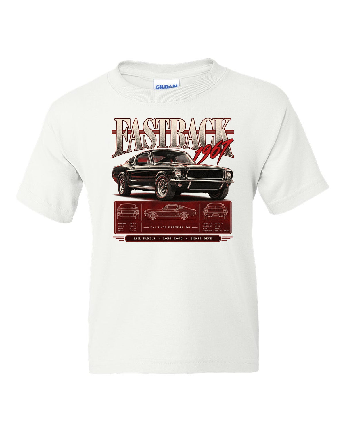 Archive panel illustration of a 1967 Ford Mustang fastback 2+2 with sail panel callouts white kids tee front view with the design