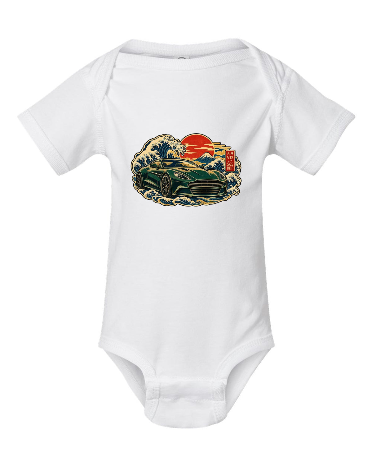 Aston Martin Vanquish ukiyo-e woodblock wave with 5.9 V12 565 BHP lettering white baby onesie front view with the design
