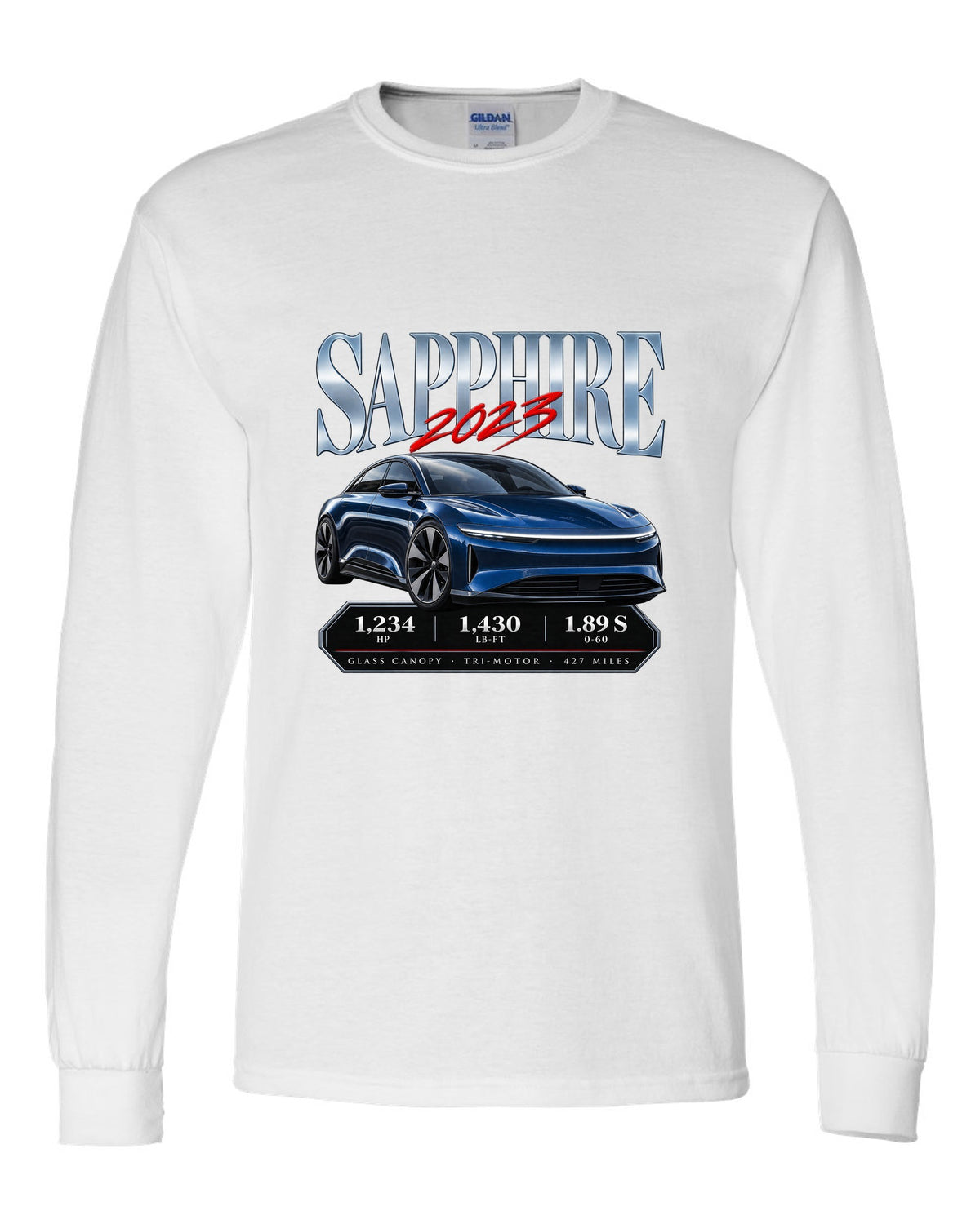 Archive panel print of a 2023 Lucid Air Sapphire with horsepower and range figures white long sleeve front view with the design
