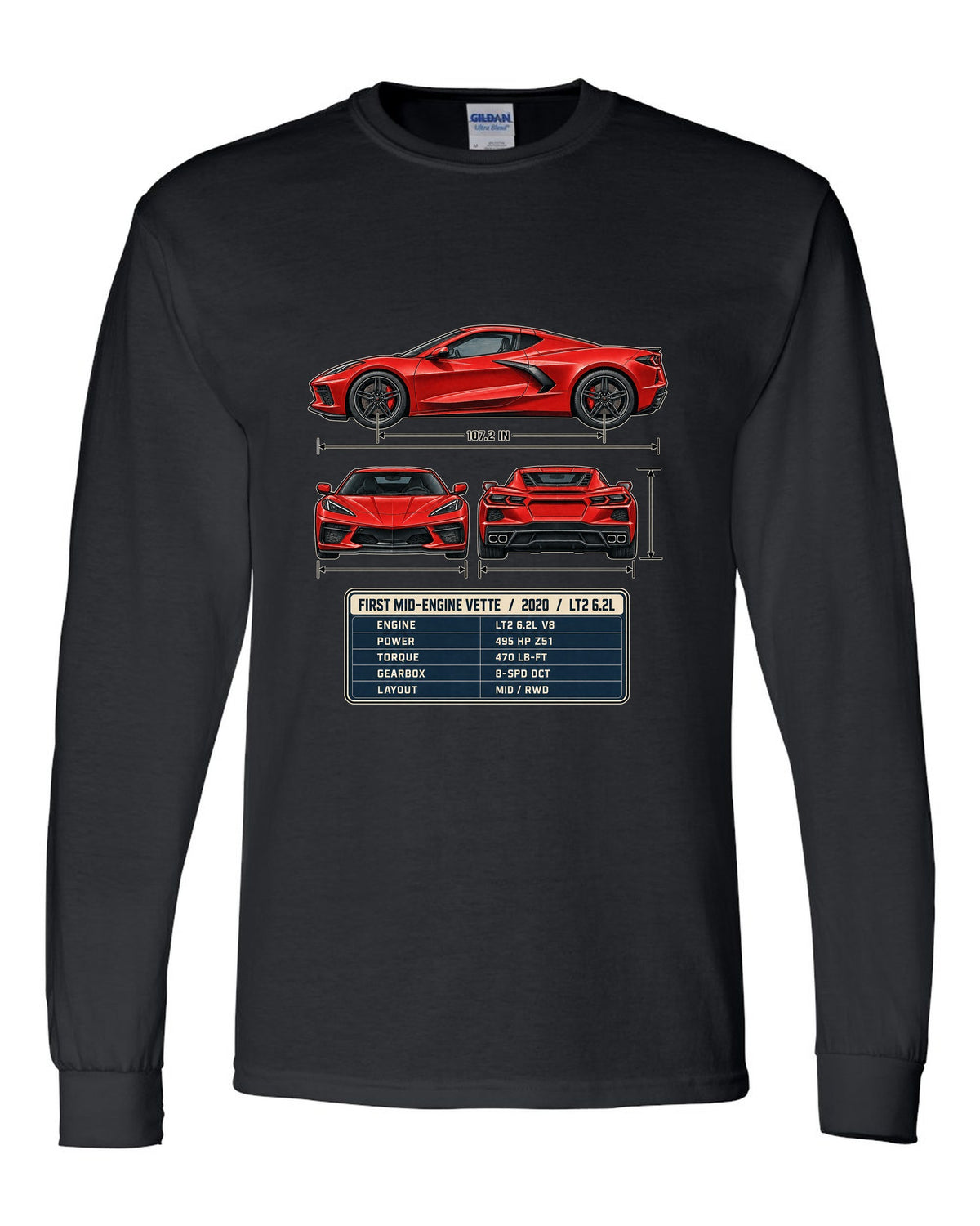 Three-view spec table print of a Chevrolet Corvette C8 Stingray with LT2 6.2L text black long sleeve front view with the design