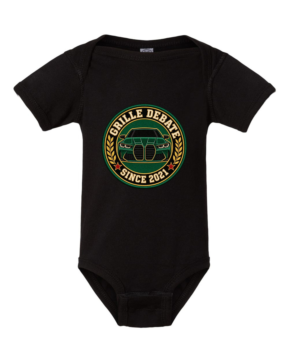 BMW G80 M3 varsity crest print with grille debate since 2021 text black baby onesie front view with the design