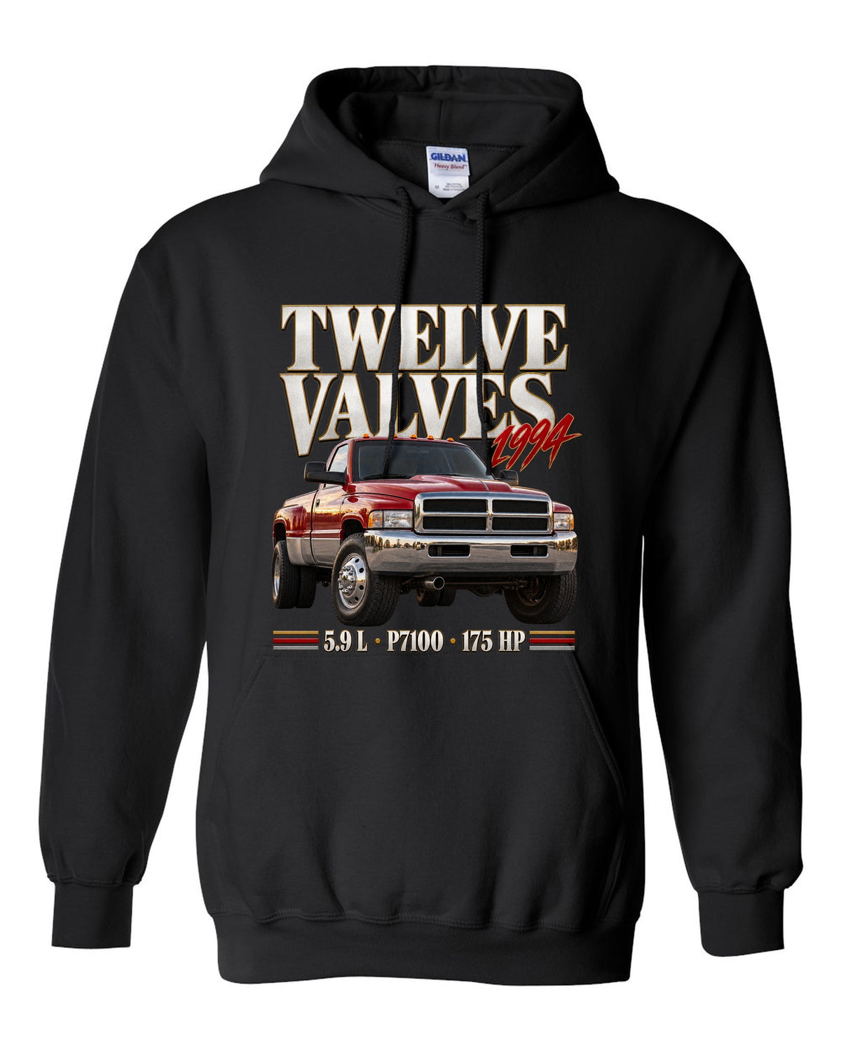Editorial print of a 1994-98 Ram 2500 Cummins 5.9 12V with P7100 pump lettering black pull over hoodie front view with the design