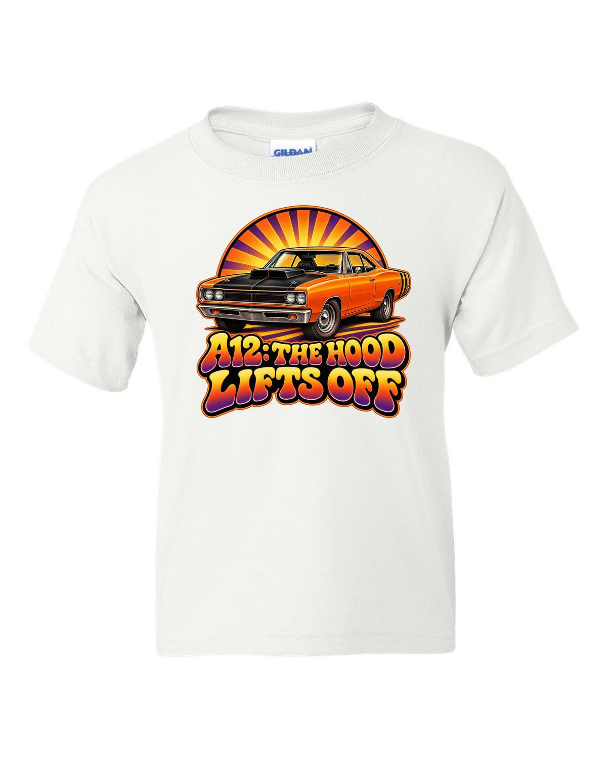Retro 70s airbrush sunburst design with a 1969 Dodge Coronet Super Bee A12 and lift-off hood text white kids tee front view with the design