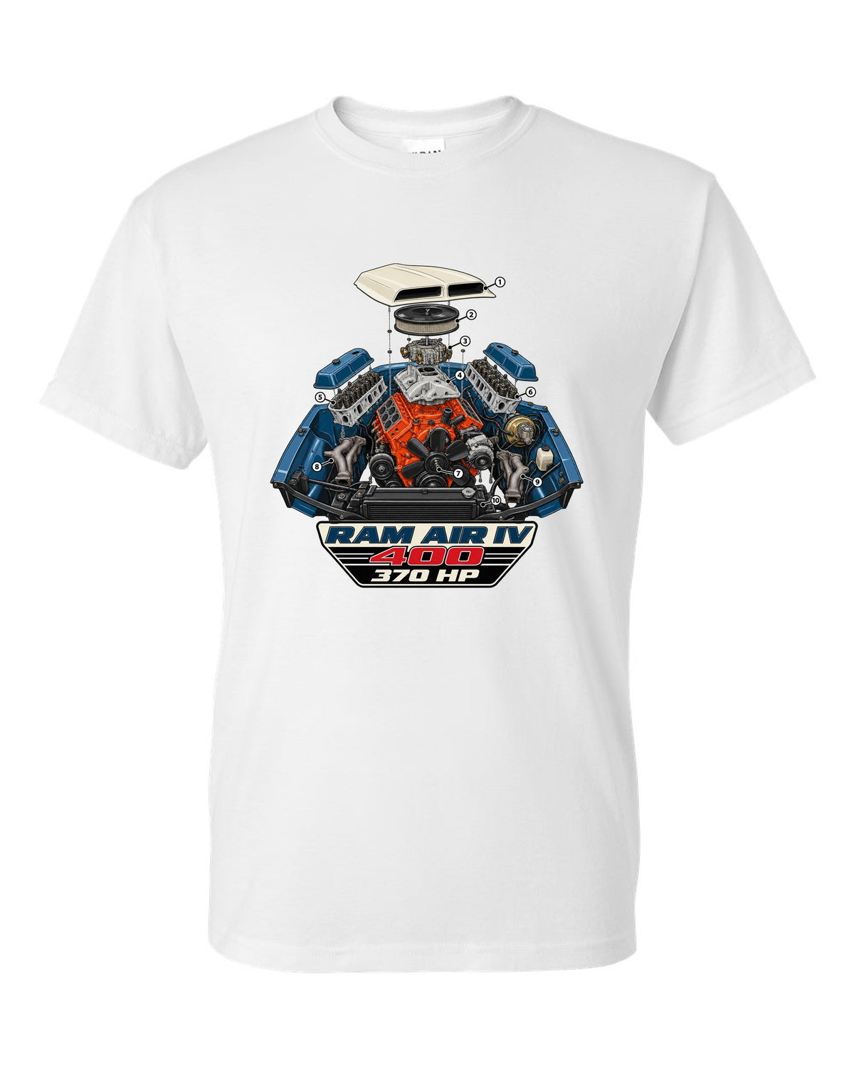 1969 Pontiac GTO Ram Air IV exploded engine bay diagram with 400 and 370 HP text white t-shirt front view with the design