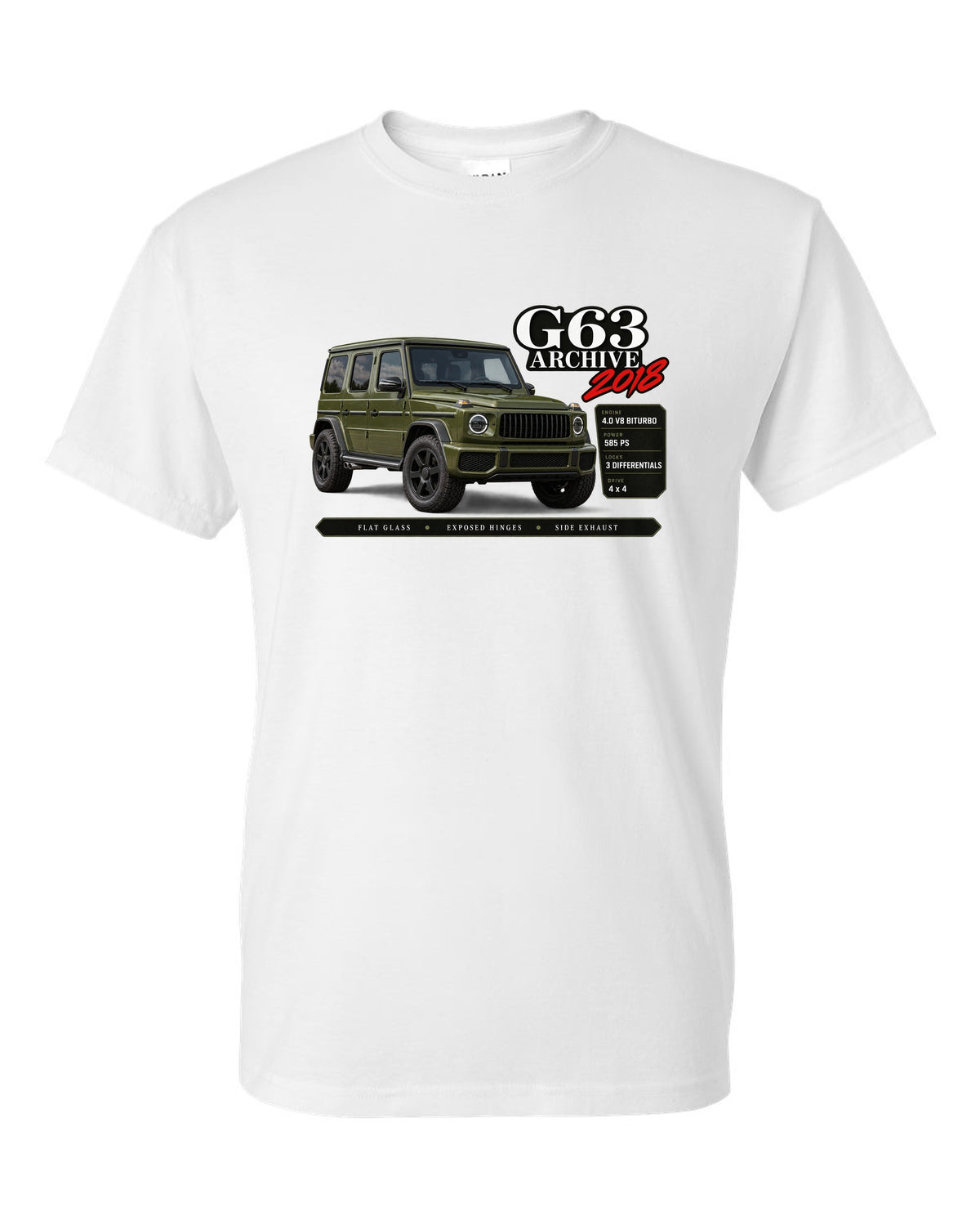 Archive panel print of a Mercedes-AMG G63 W464 with G63 Archive 2018 lettering white t-shirt front view with the design