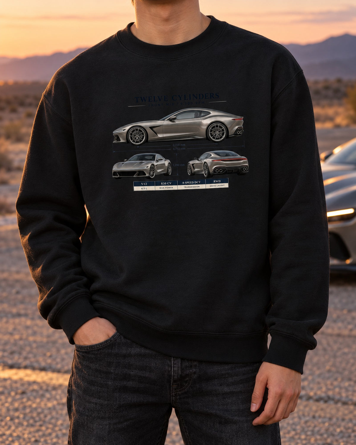 Ferrari 12Cilindri Three-View Spec Sheet Shirt, Car Guy Gift Crewneck Black worn hero
