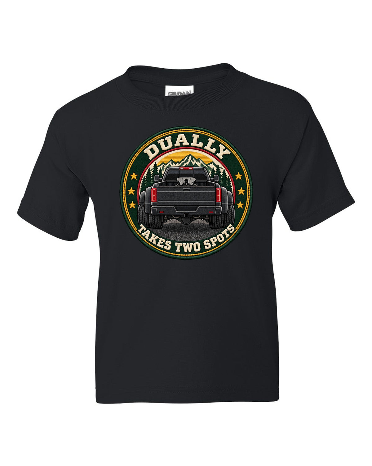 Varsity crest print for a 2019-2024 Ram HD 3500 dually with fifth wheel and takes two spots text black kids tee front view with the design
