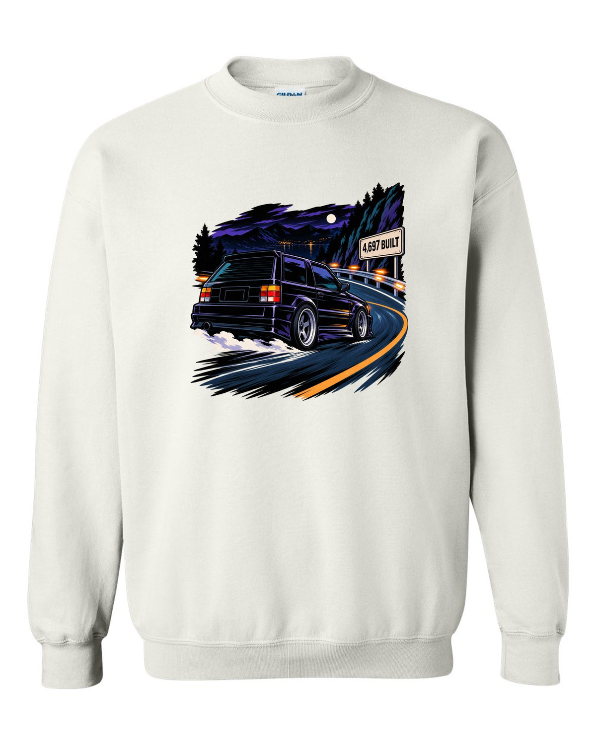 Cel-shaded 90s anime night touge scene with a 1992-93 GMC Typhoon and 4,697 BUILT text white crewneck front view with the design