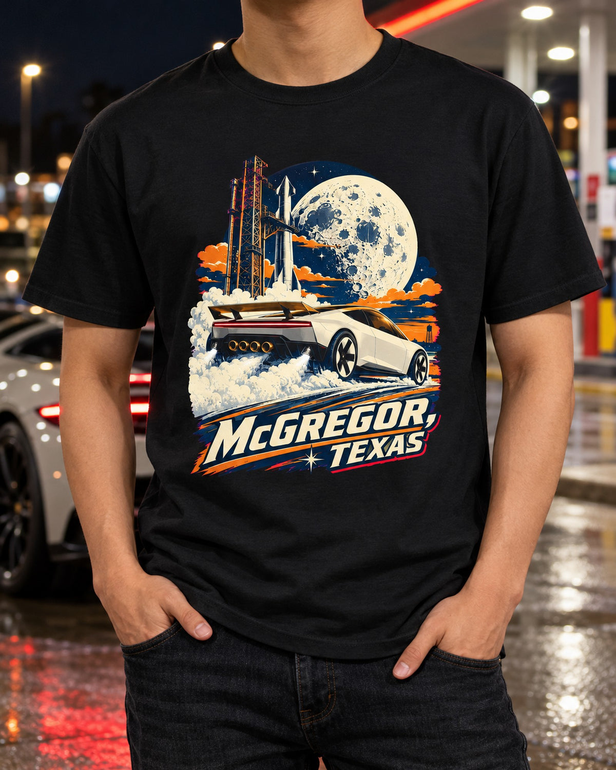 Tesla Roadster McGregor Texas Shirt, Hoodie & More T-Shirt Black worn hero