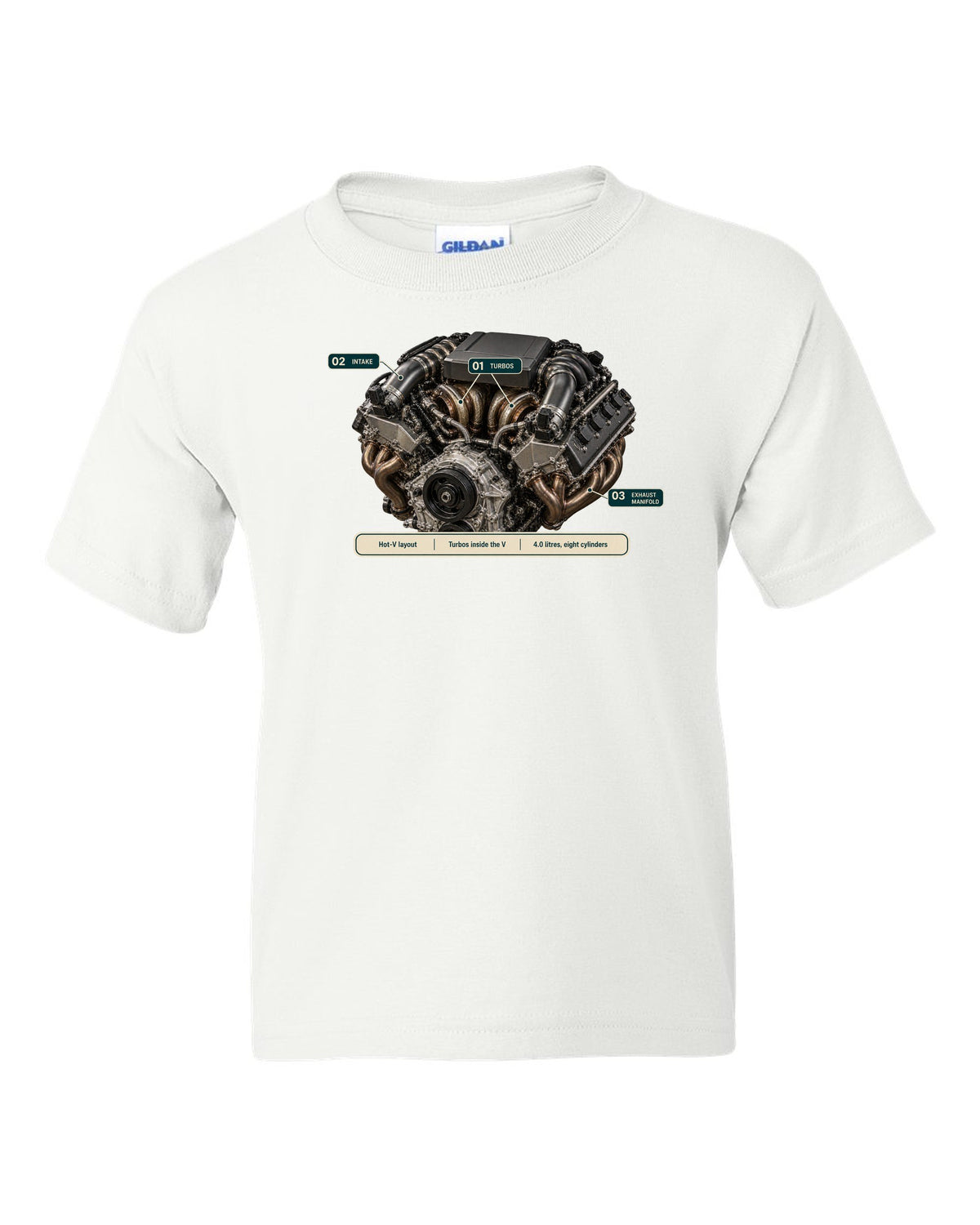 Engine hero print of the Mercedes-AMG M177 4.0 V8 from the G63 white kids tee front view with the design
